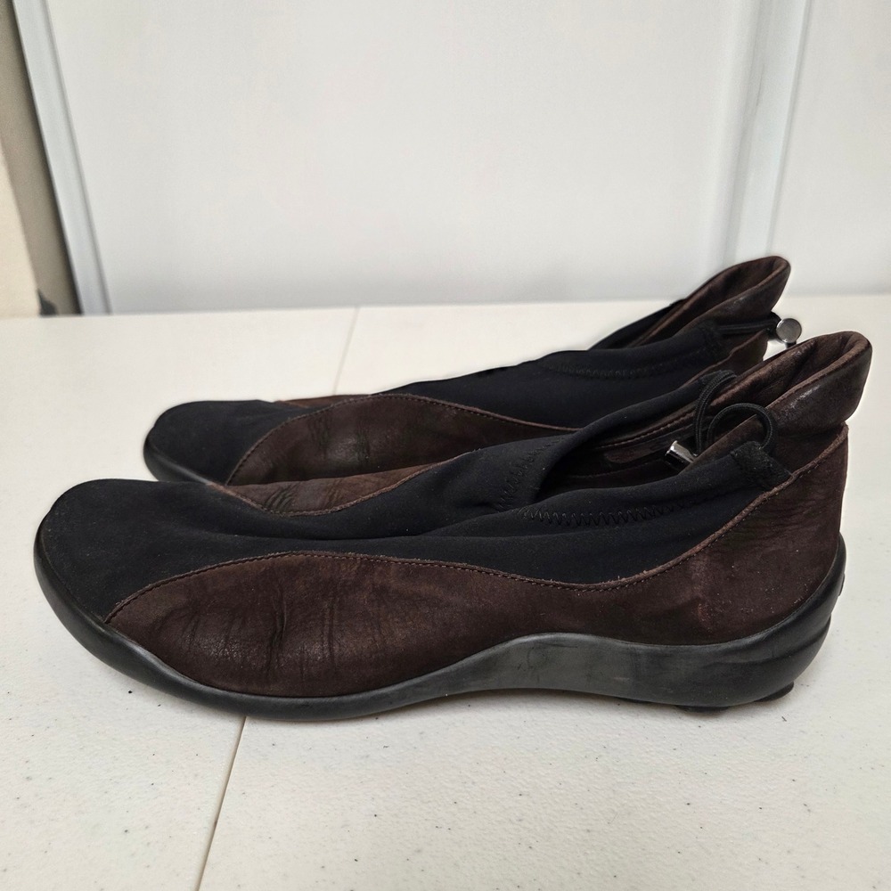 Arche French Brown Black Nubuck Leather Neoprene Bungee Flat Shoes Womens 9 7 EU